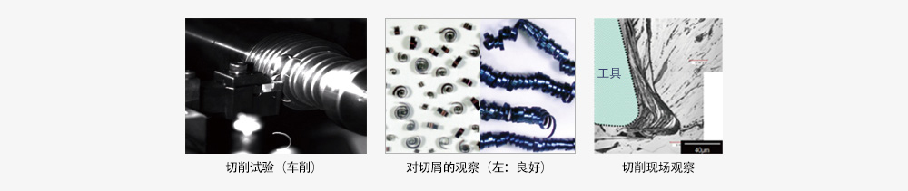 切削试验(车削) / 对切屑的观察(左:良好) / 切削现场观察