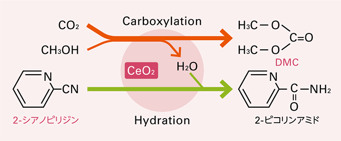 CO2から炭酸ジメチル（DMC）を合成するプロセスの反応式