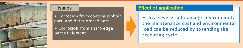 Issues • Corrosion from coating pinhole part and deteriorated part • Corrosion from sharp edge part of element • In a severe salt damage environment, the maintenance cost and environmental load can be reduced by extending the recoating cycle.