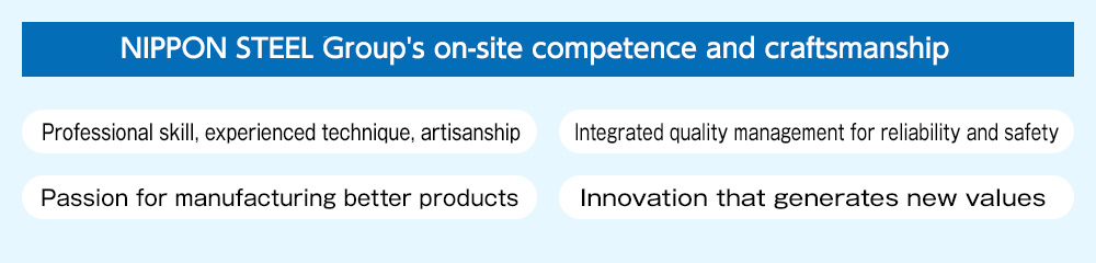 Nippon Steel Group's on-site competence and craftsmanship / Professional skill, experienced technique, artisanship / Passion for manufacturing better products / Integrated quality management for reliability and safety / Innovation that generates new values