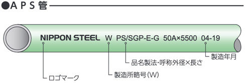 APS管 日本製鉄:ロゴマーク(日本製鉄)、ASP/SGP-B 50APS×5500:品名・呼称外径×長さ、12-10:製造年月