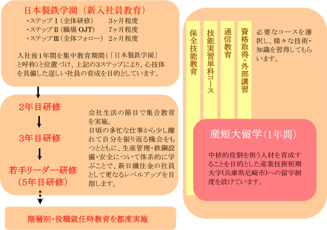 日本製鉄学園（新入社員教育）、2年目研修、3年目研修、若手リーダー研修（5年目研修）、階層別・役職就任時教育を都度実施、産業技術短期大学（兵庫県尼崎市）への留学制度