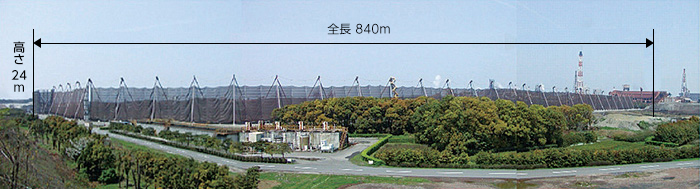 ヤード環境ネット：原料ヤードの粉じん飛散防止を目的に設置 （全長840m、高さ24m）